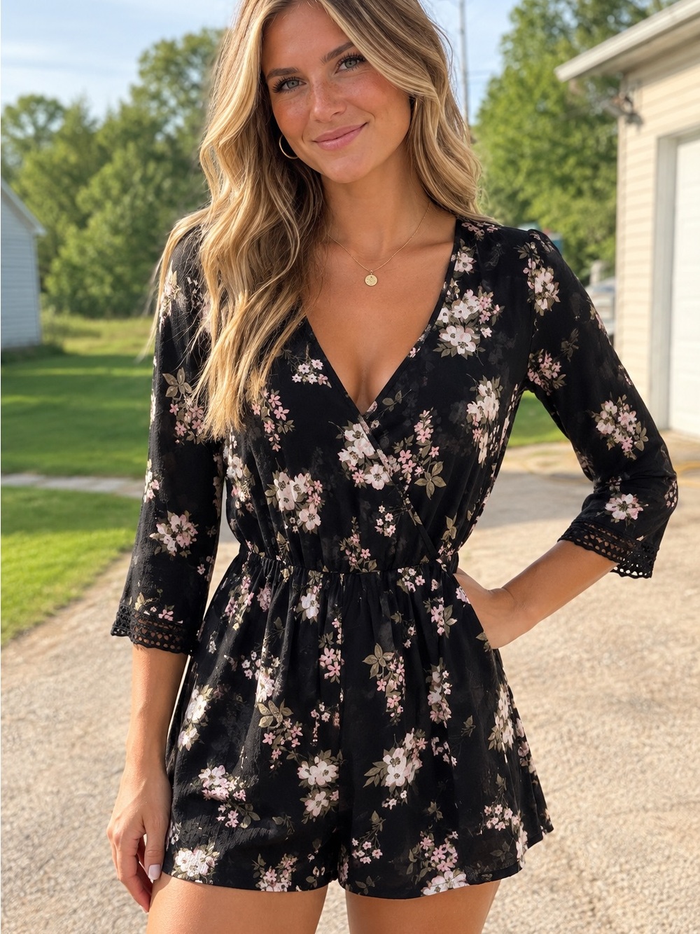 Hollister Black Floral Long-Sleeve V-Neck Romper